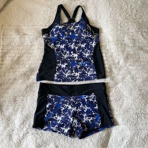 Blue and Black Tropical Hawaiian Print Two Piece Swimsuit Tankini Set Swimwear